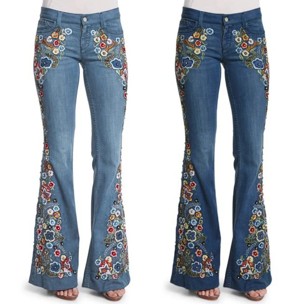Streetwear Jeans Long Pants Denim Embroidery Destoryed Flare Jeans Button Waist Bell Bottom Denim Pants 90s Vintage Clothes