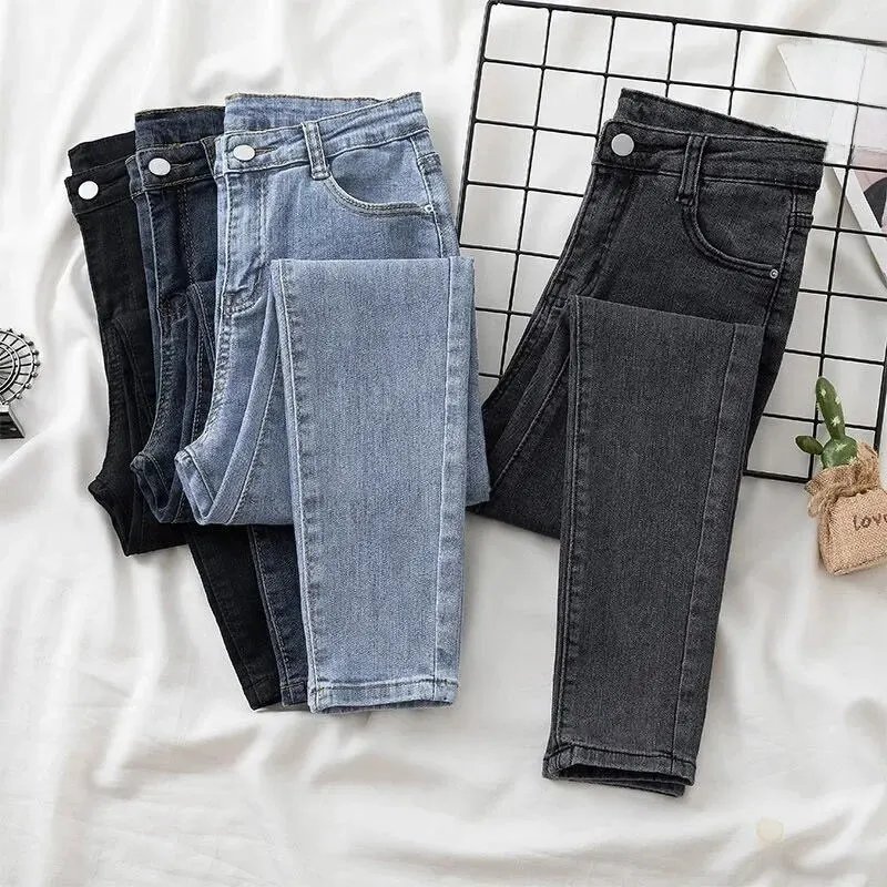 Women's High-waist Slimming Versatile Stretchy Jeans Pencil-slim Ankle-length Denim Trousers For Winter