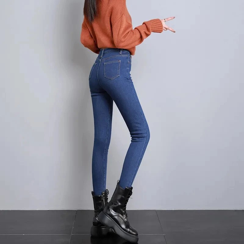 Women Thermal Jeans Winter Snow Warm Plush Stretch Jeans Lady Skinny Thicken Students Denim Pants Female Retro Trousers