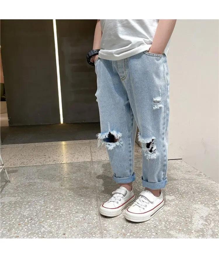 90-140cm Fashion Autumn Summer Kids Hole Trousers Children Boy Handsome Torn Patch Jeans Girls Pants Worn Jeans for Loose 청바지