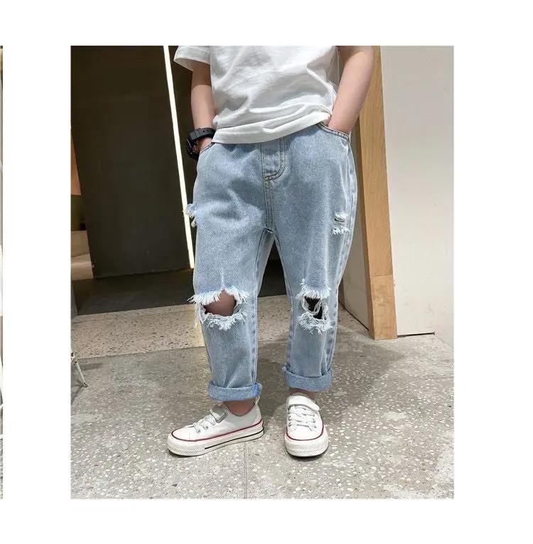 90-140cm Fashion Autumn Summer Kids Hole Trousers Children Boy Handsome Torn Patch Jeans Girls Pants Worn Jeans for Loose 청바지