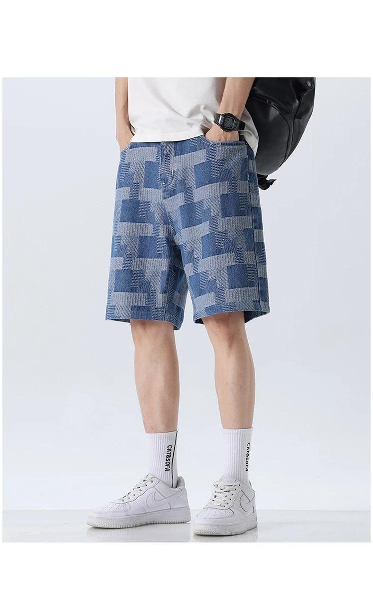 Fashion Plaid Denim Shorts for Men Summer New Straight Casual Splicing Jeans Streetwear Baggy Wide Short Pants Male