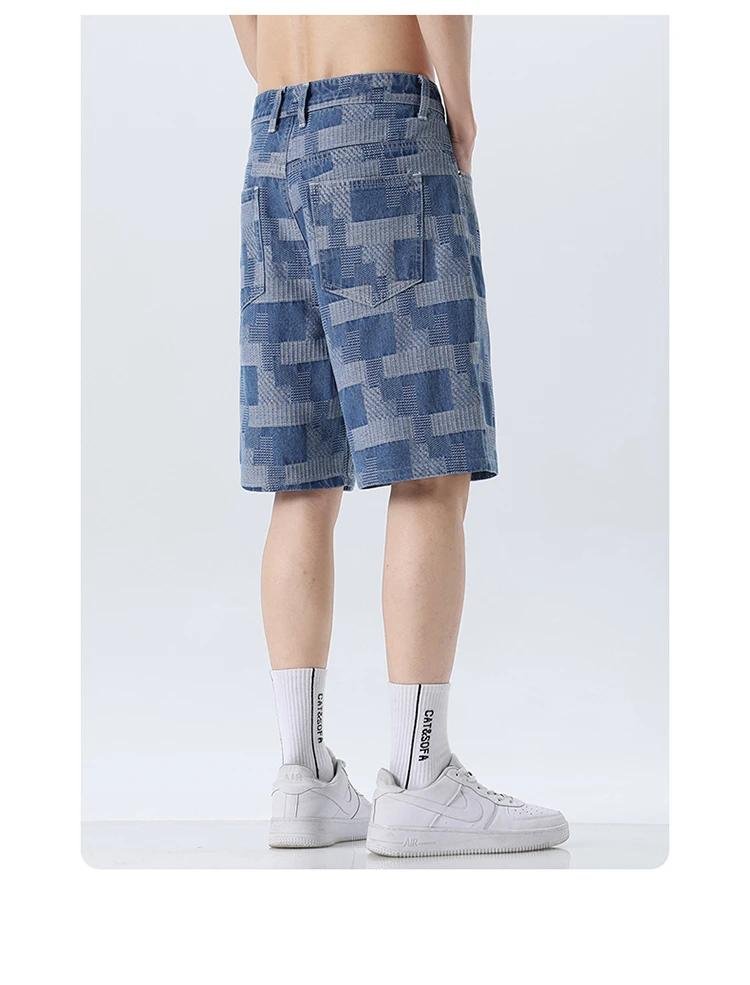 Fashion Plaid Denim Shorts for Men Summer New Straight Casual Splicing Jeans Streetwear Baggy Wide Short Pants Male