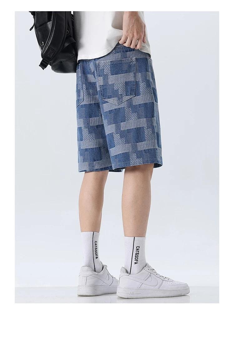 Fashion Plaid Denim Shorts for Men Summer New Straight Casual Splicing Jeans Streetwear Baggy Wide Short Pants Male
