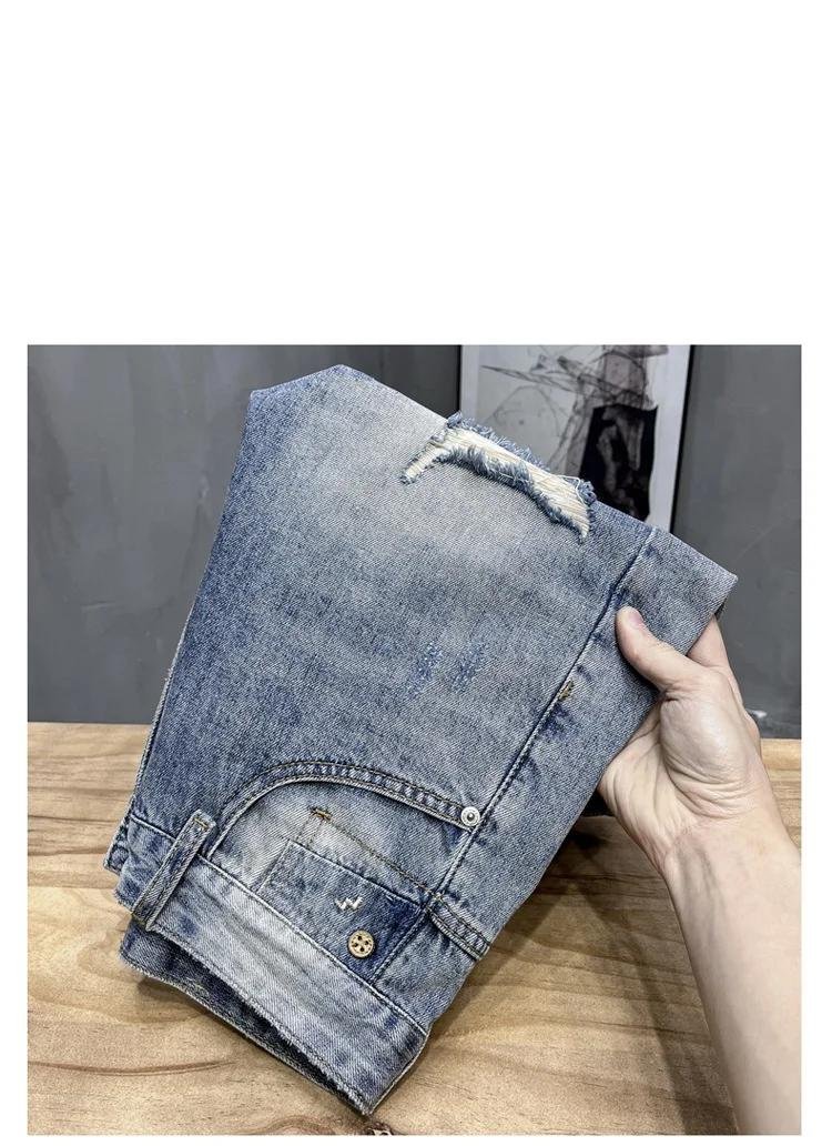 2024 Summer Ripped Denim Shorts Men's Thin Stretch Breathable Fashion Brand Pants High-End Casual All-Match Cropped Pants