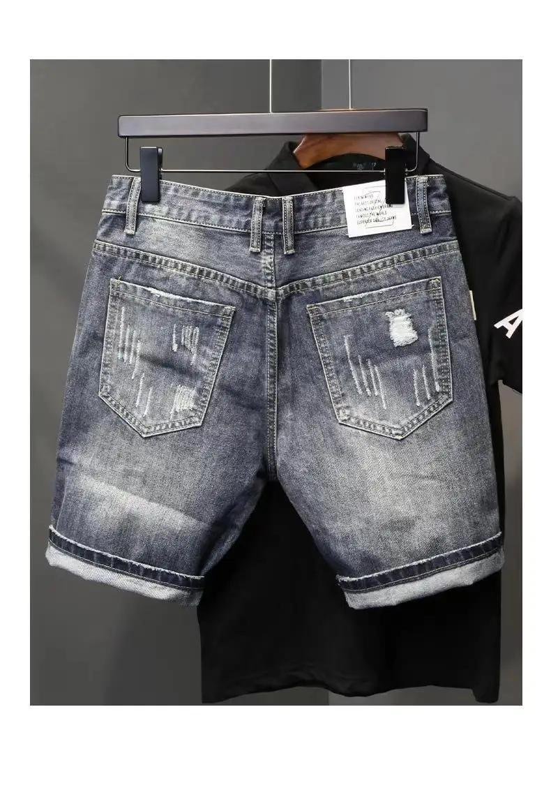 Summer Denim Shorts Men's High Street New Scraped Hole Print Korean Fashion Fit Quintuple Pants Men