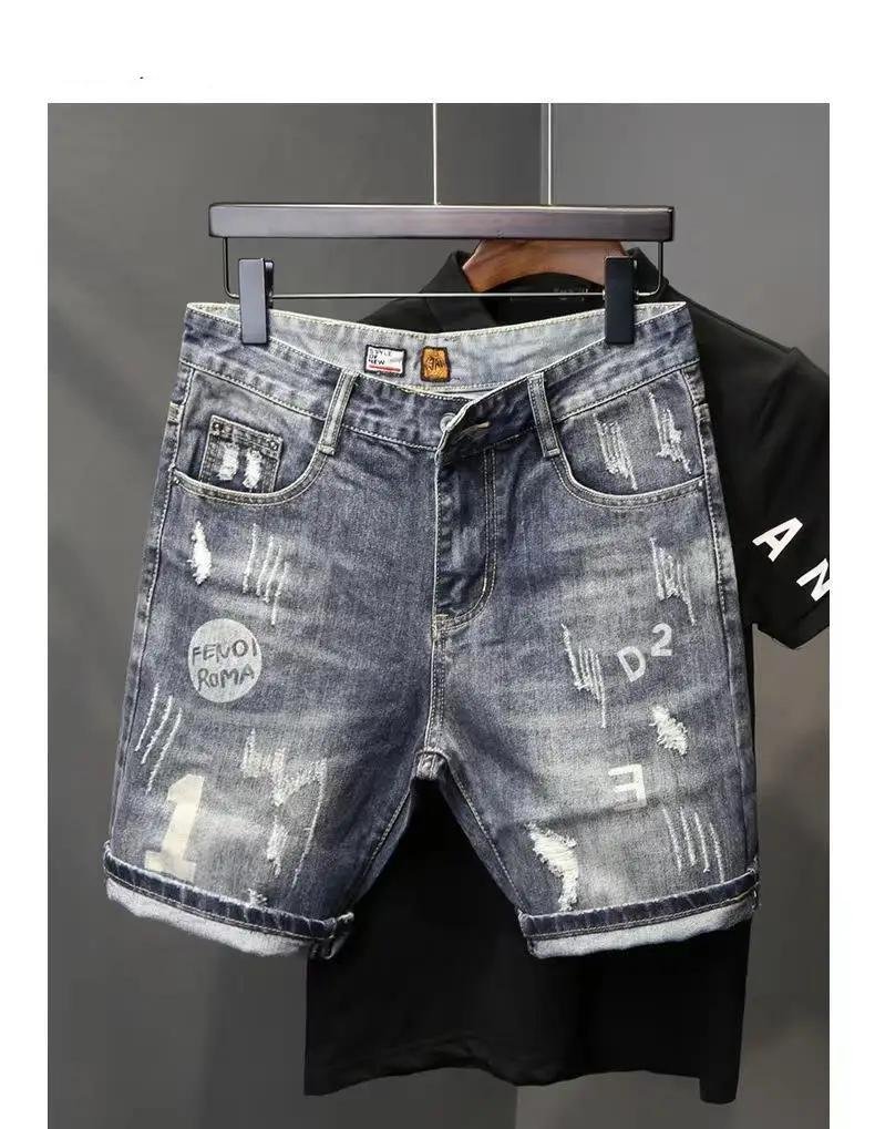 Summer Denim Shorts Men's High Street New Scraped Hole Print Korean Fashion Fit Quintuple Pants Men