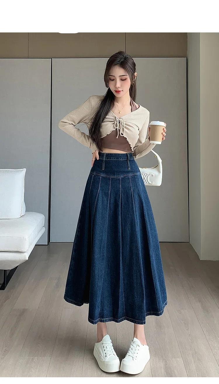 New Women Spring Summer Vintage Pleated Skirt Fashion High Waist All-match A-Line Denim Skirt Casual Loose Dark Blue Long Skirt