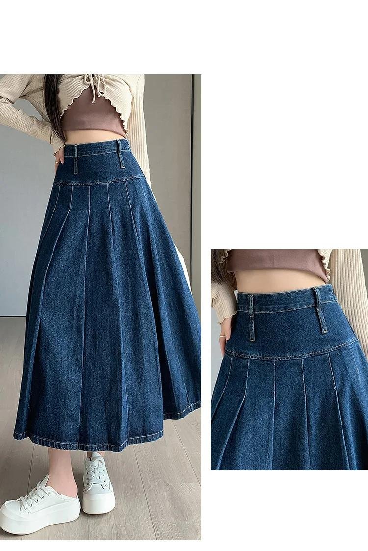 New Women Spring Summer Vintage Pleated Skirt Fashion High Waist All-match A-Line Denim Skirt Casual Loose Dark Blue Long Skirt