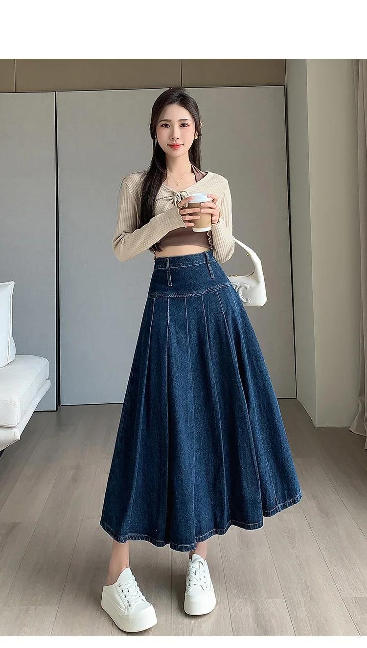 New Women Spring Summer Vintage Pleated Skirt Fashion High Waist All-match A-Line Denim Skirt Casual Loose Dark Blue Long Skirt