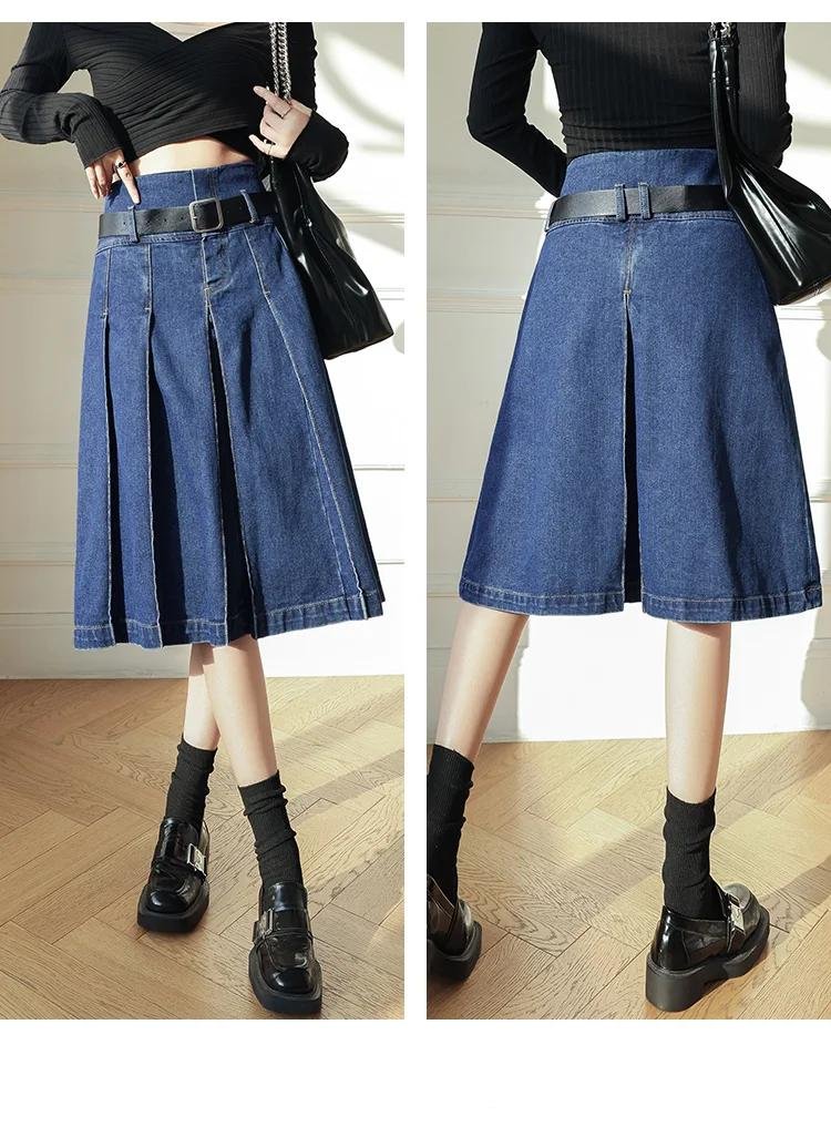 New Women Denim Pleated Skirt Summer Vintage Fashion High Waist A-Line Jeans Skirt Casual All-match Blue Skirt Knee-Length
