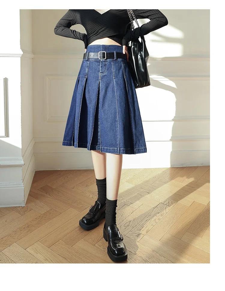 New Women Denim Pleated Skirt Summer Vintage Fashion High Waist A-Line Jeans Skirt Casual All-match Blue Skirt Knee-Length