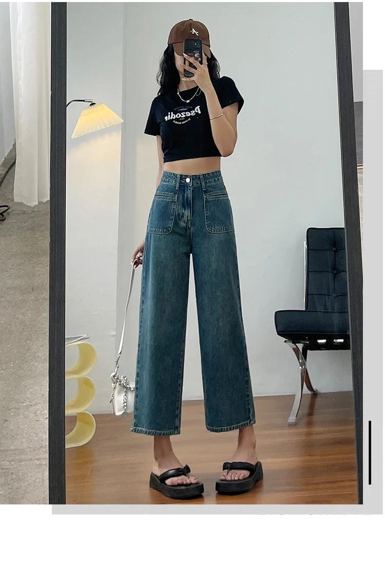 No stretch women jeans new straight leg wide streetwear high waist boyfriend pockets denim trousers cargo pants japanese y2k