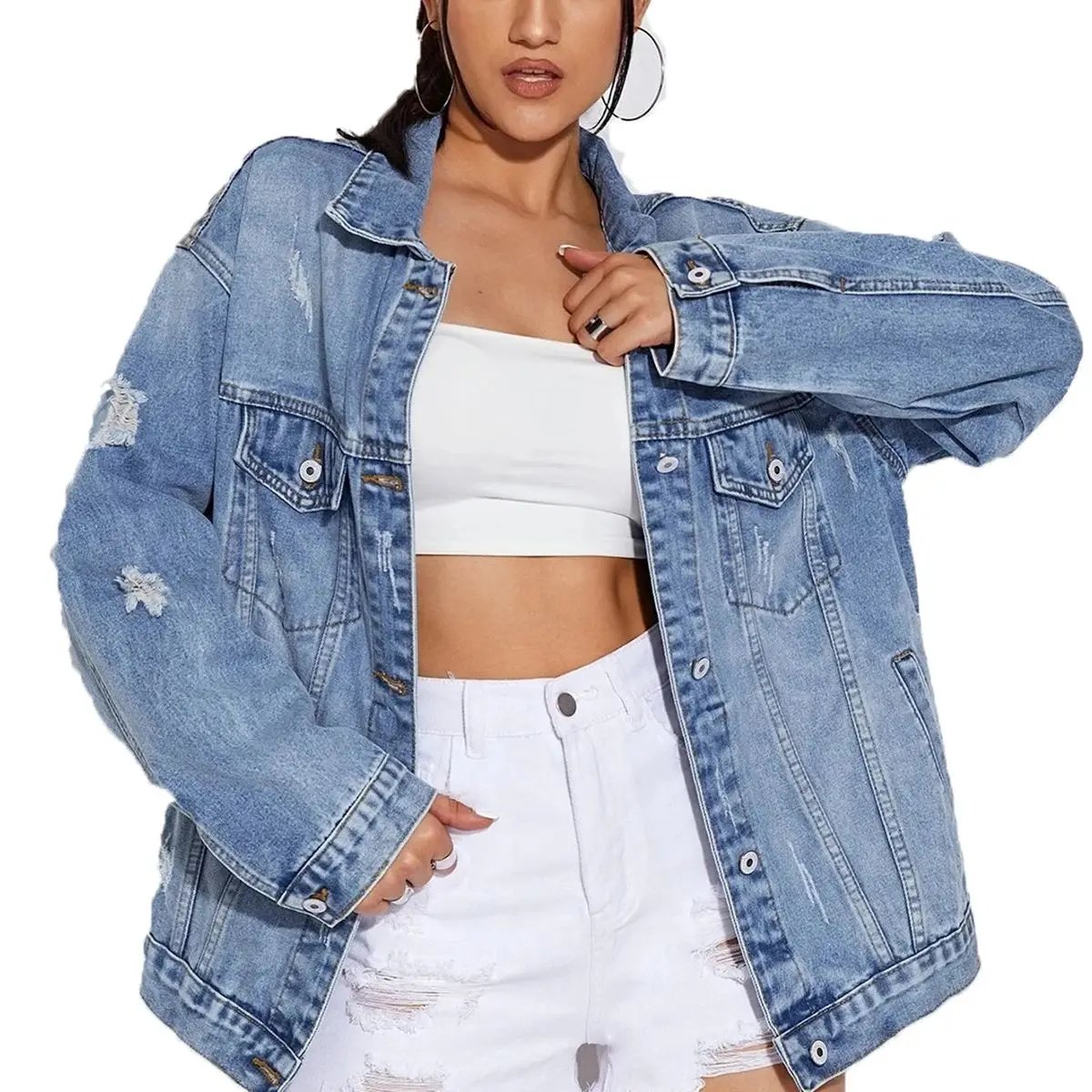 Women Jean Jacket Button Down Long Sleeve Denim Jackets With Pockets