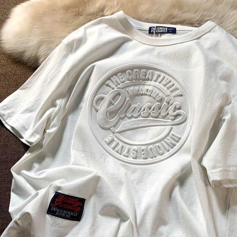 American Vintage Embossed Letter T-shirt Men Women's Summer Oversize Streetwear Unisex Cityboy Casual Short Sleeve O-Neck Top