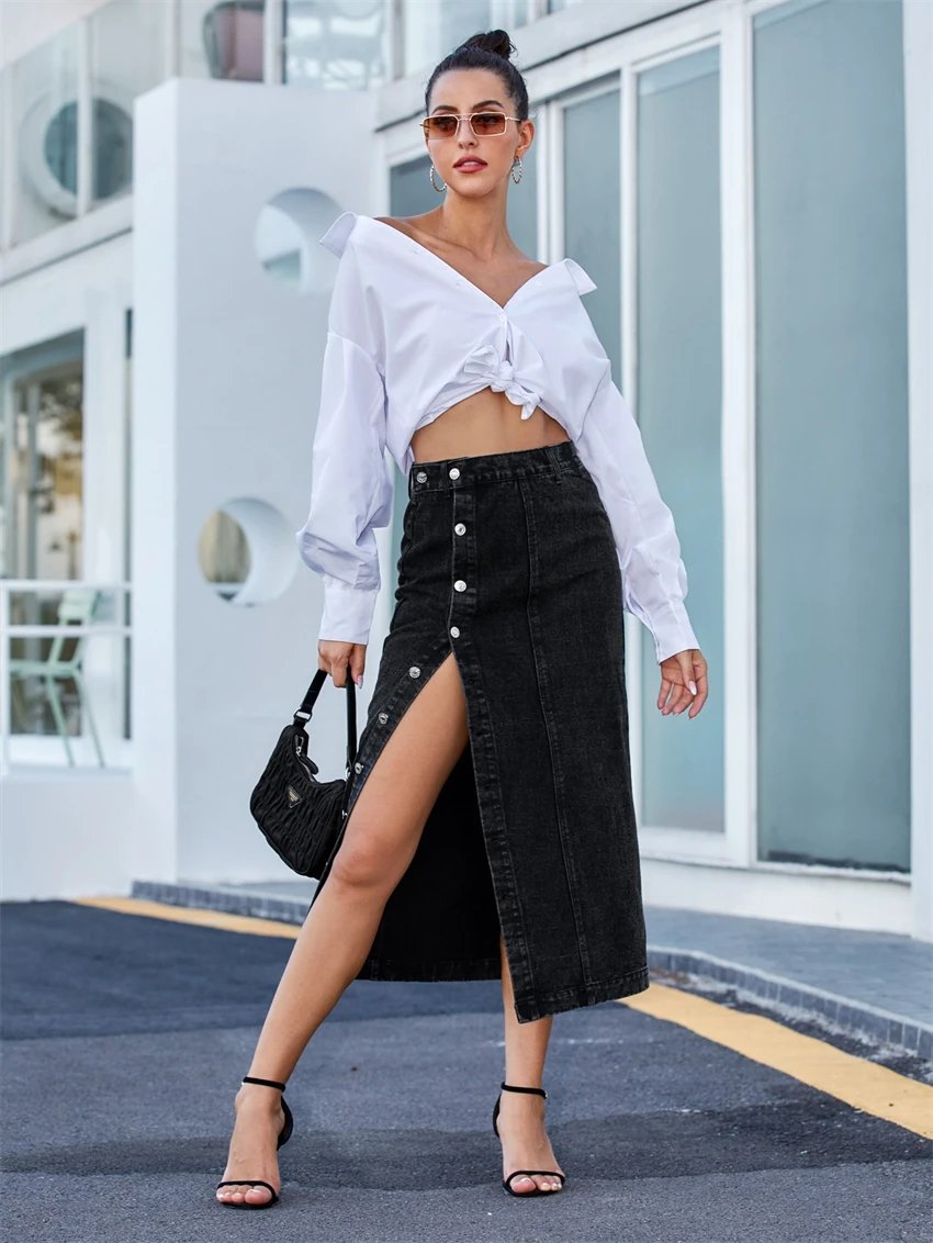 FICHOR Maxi Jeans Skirt Women Denim Long Summer 2023 Vintage Side Split Denim Skirt Women Long Korean