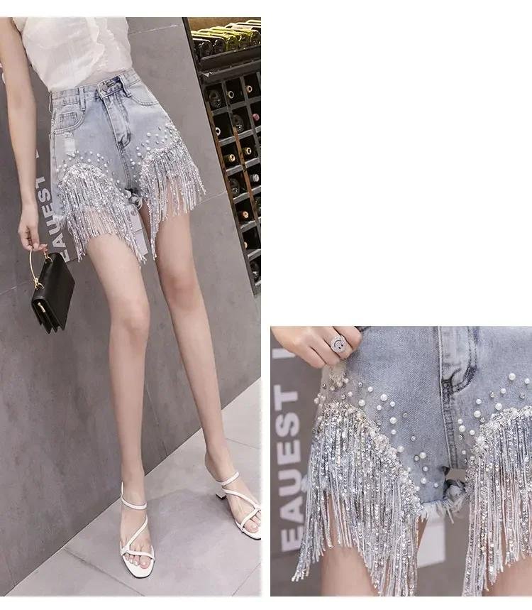 Summer Elegant Female Casual Solid Shorts Jeans Lady Tassel Beading High Waist Wide Leg Denim Shorts Summer Elegant Female Casual Solid Shorts Jeans Lady Tassel Beading High Waist Wide Leg Denim Shorts