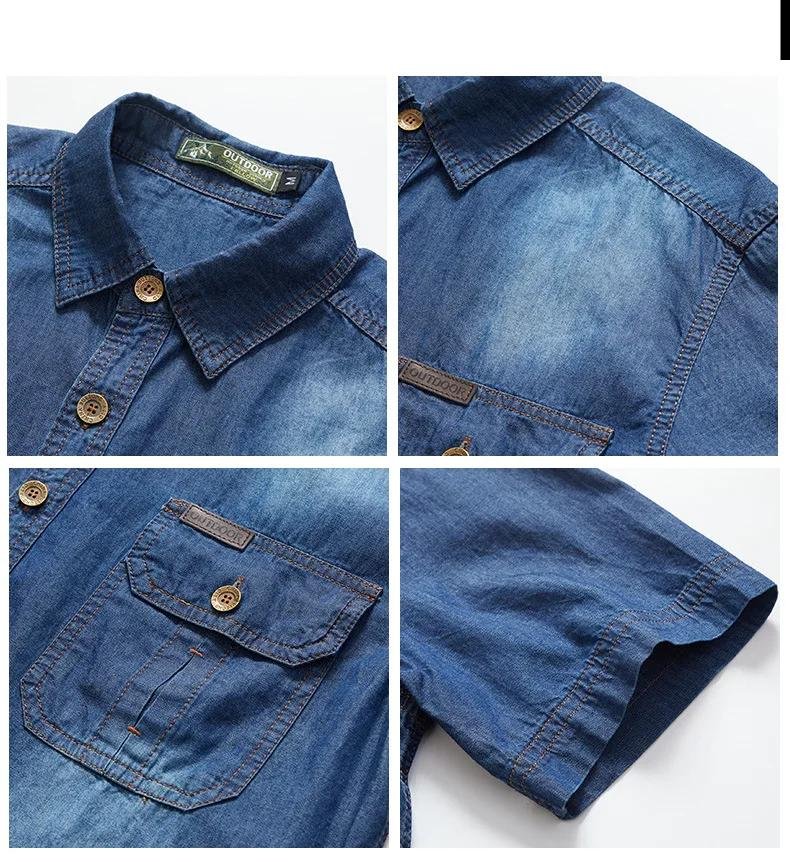 Men Multi pockets Denim Tooling Shirts New Summer Short Sleeve Blue Jeans Shirts High Quality Men Cotton Casual Shirts Size 5XL