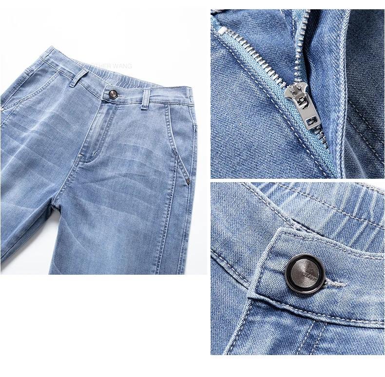 Summer Thin Jeans Men's Loose Straight Pants Fashion Elastic Waist Stretch Cotton Business Casual Denim Trousers Light Blue