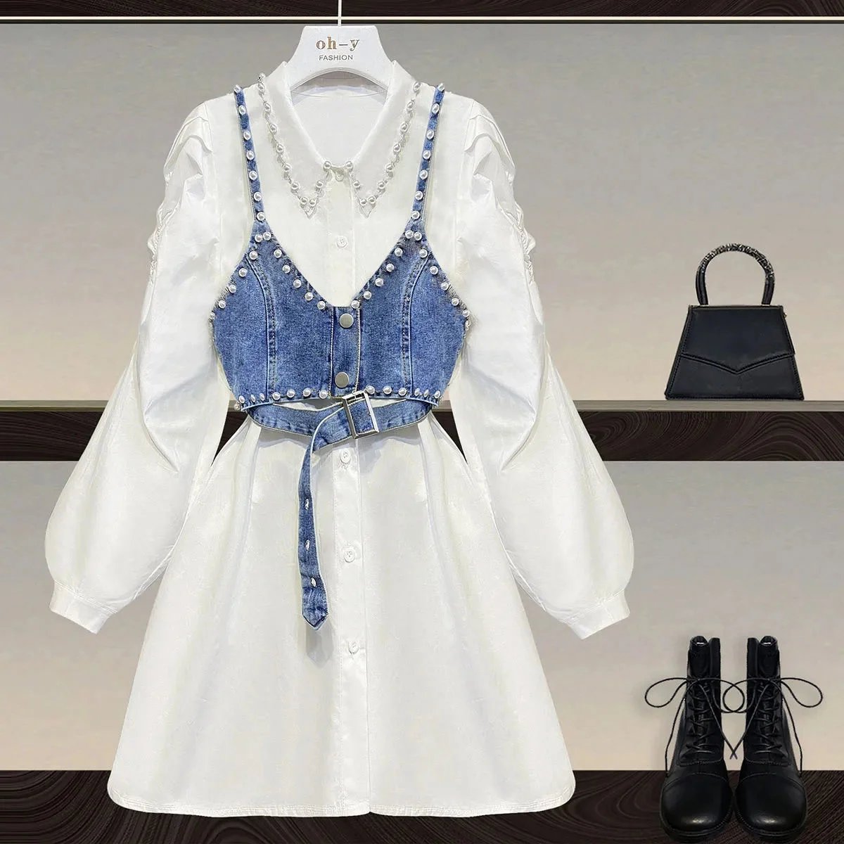Women Spring Streetwear Fashion Two Pieces Set Korean Casual Single Breasted Shirt Dress+denim Beading Vest Suits 4XL