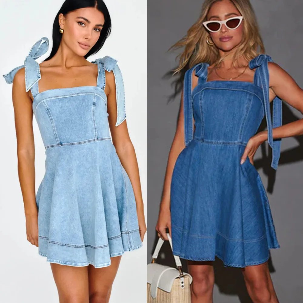 2024 Fashion Lace-up Shoulder Straps Denim Dresses Summer Casual Backless Dress Female High Waist Suspenders Mini Skirt 