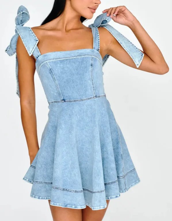 2024 Fashion Lace-up Shoulder Straps Denim Dresses Summer Casual Backless Dress Female High Waist Suspenders Mini Skirt 