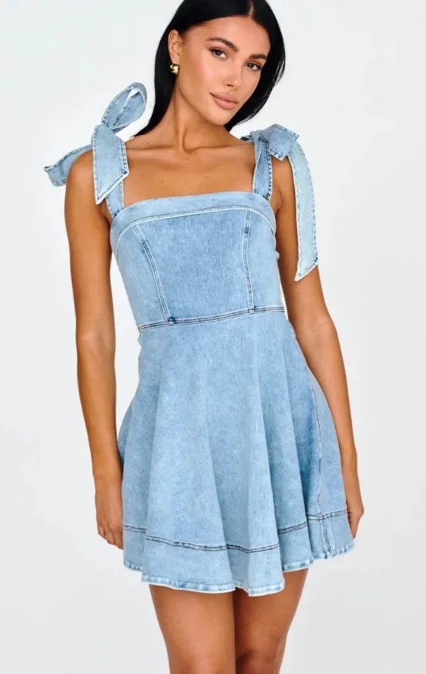 2024 Fashion Lace-up Shoulder Straps Denim Dresses Summer Casual Backless Dress Female High Waist Suspenders Mini Skirt 