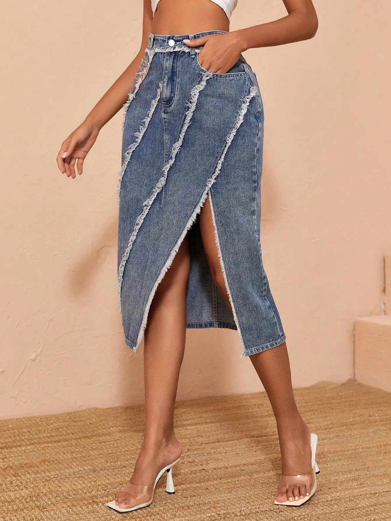 Y2K Women Fashion Vintage Denim Skirt Slit Hem Raw Edge Bodycon Skirt High Waist Versatile Streetwear Mujer