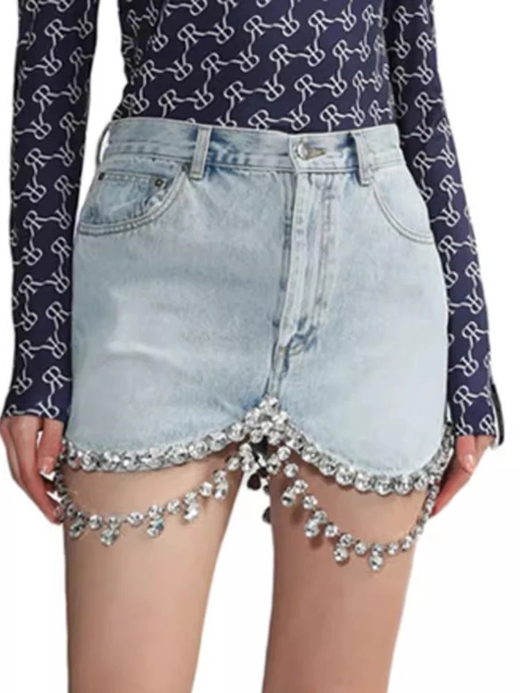 VGH Solid Patchwork Diamonds Chain Denim Skirts For Women High Waist Spliced Pockets Slimming Mini Skirt Female Fashion Style