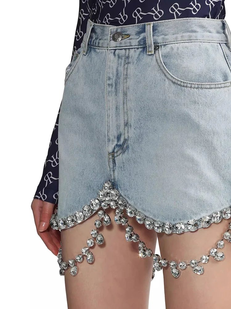 VGH Solid Patchwork Diamonds Chain Denim Skirts For Women High Waist Spliced Pockets Slimming Mini Skirt Female Fashion Style