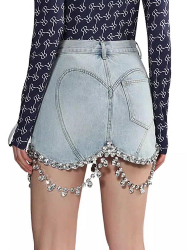 VGH Solid Patchwork Diamonds Chain Denim Skirts For Women High Waist Spliced Pockets Slimming Mini Skirt Female Fashion Style