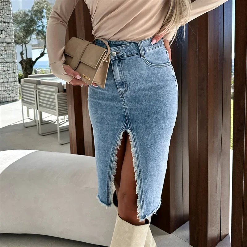 Women Sweet Style High Waist Button Splice Denim Skirt Female Spring Summer Split Hem Wrap Hip Half-body Dress Casual Streetwear Women Sweet Style High Waist Button Splice Denim Skirt Female Spring Summer Split Hem Wrap Hip Half-body Dress Casual Streetwear