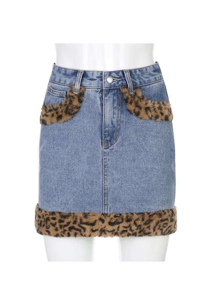 Rockmore Vintage Leopard Fur Patchwork Jean Skirt Casual Women Y2K Aesthetic Denim Mini Pencil Skirts Korean Harajuku Clothing