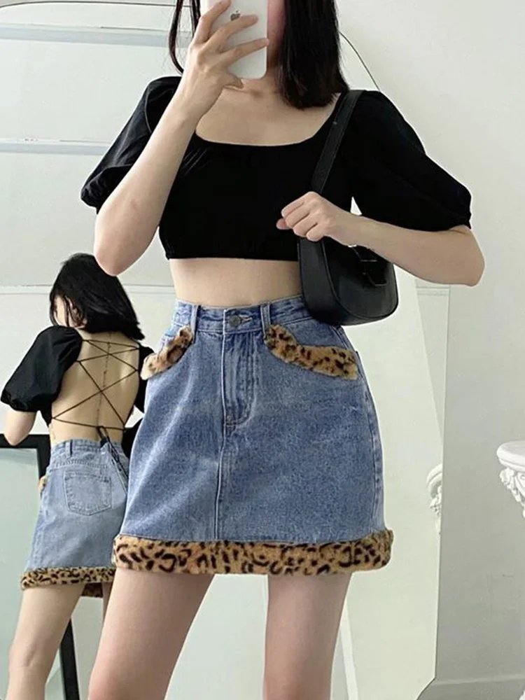 Rockmore Vintage Leopard Fur Patchwork Jean Skirt Casual Women Y2K Aesthetic Denim Mini Pencil Skirts Korean Harajuku Clothing