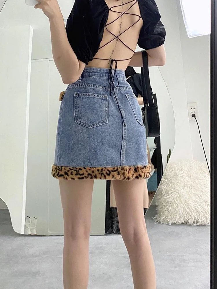 Rockmore Vintage Leopard Fur Patchwork Jean Skirt Casual Women Y2K Aesthetic Denim Mini Pencil Skirts Korean Harajuku Clothing