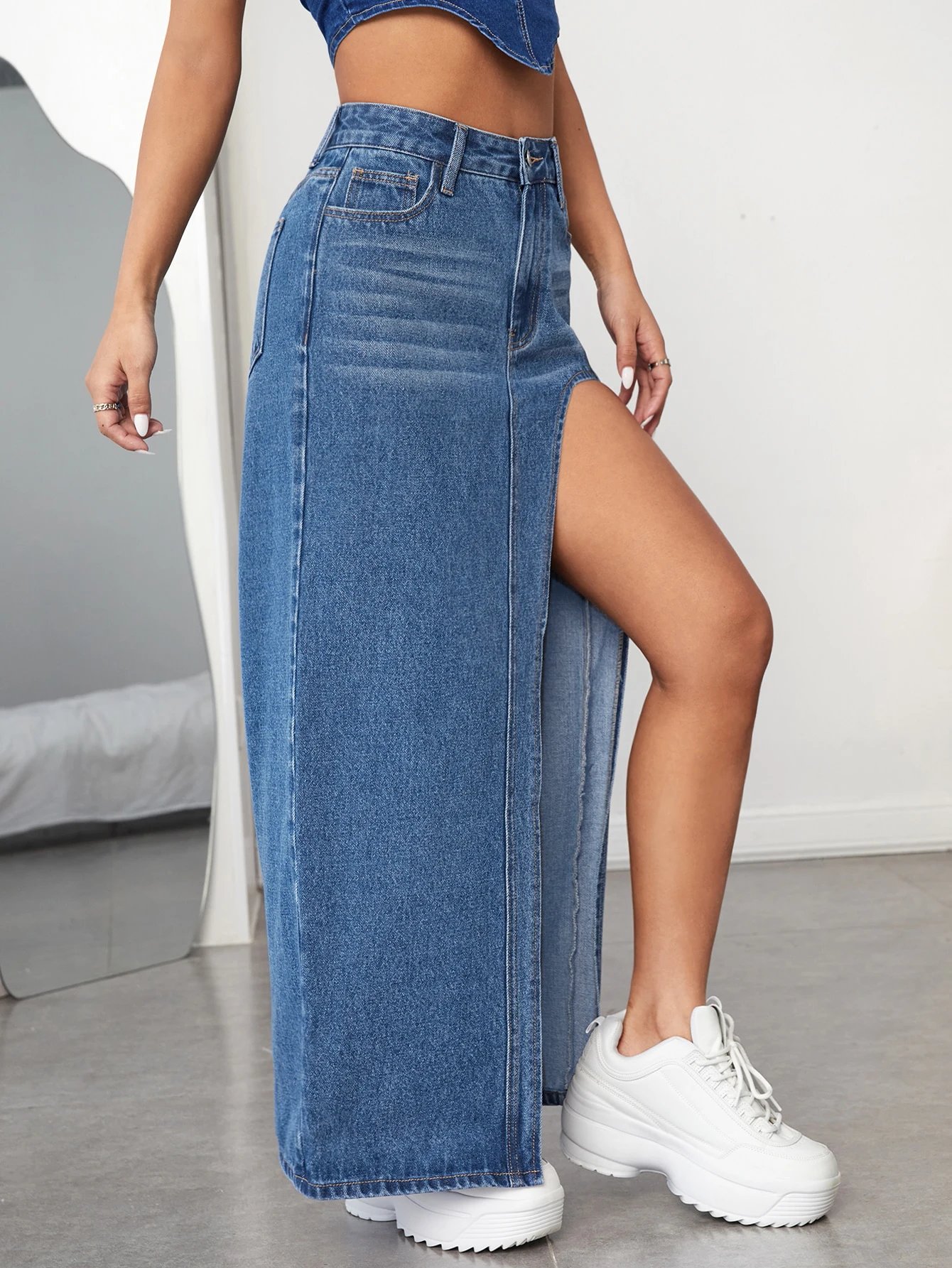 2024 Slant Pockets Whiskering Denim Midi Skirt, Split Non-Stretch DenimSkirt, Women's Denim Clothing