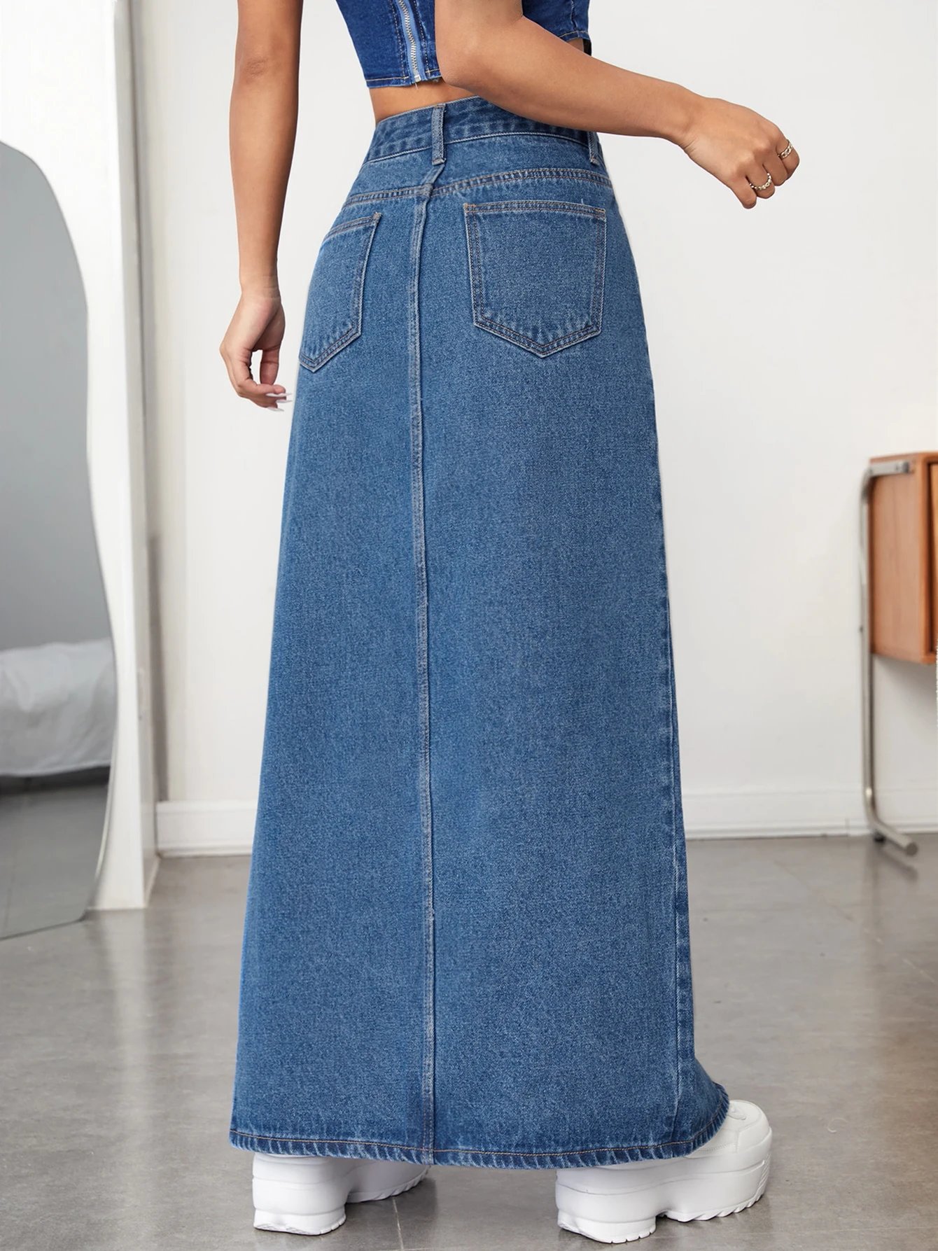 2024 Slant Pockets Whiskering Denim Midi Skirt, Split Non-Stretch DenimSkirt, Women's Denim Clothing