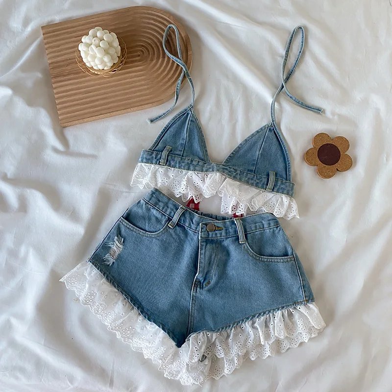 Toddler Girls Trendy 2pcs Denim Sets Halter Neck Top + Shorts Set Fot Summer Party Gift Beach Wear 3 4 6 8 10 12 14 16Years