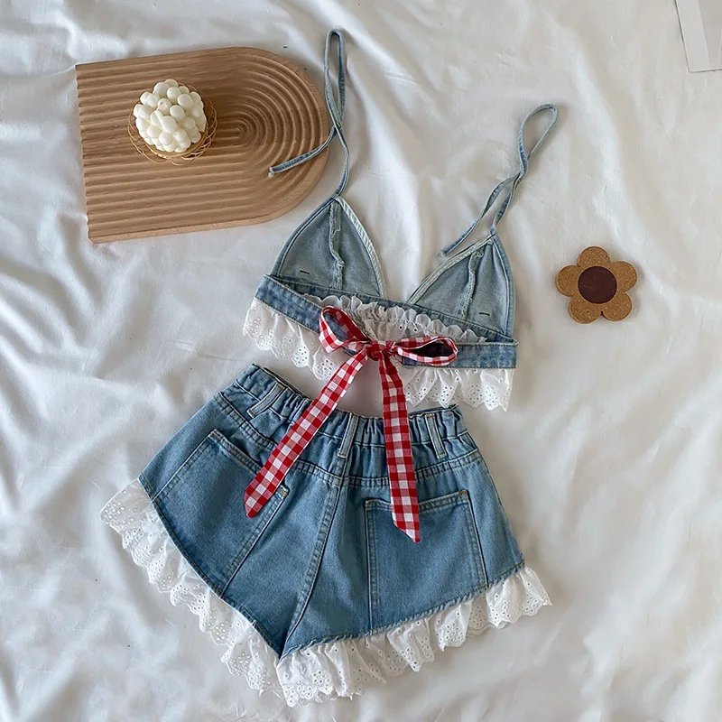 Toddler Girls Trendy 2pcs Denim Sets Halter Neck Top + Shorts Set Fot Summer Party Gift Beach Wear 3 4 6 8 10 12 14 16Years