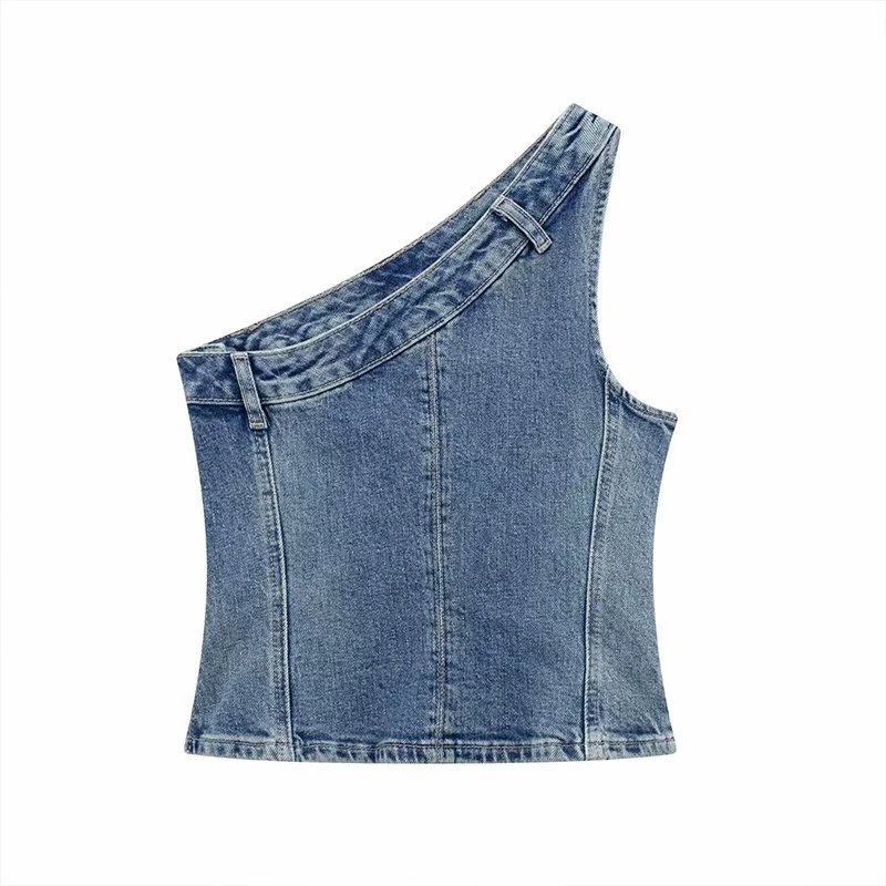 Syiwidii Top Women Asymmetrical Diagonal Collar One Shoulder Suspender Denim Y2k Top American Retro Spice Girl Streetwear Tops