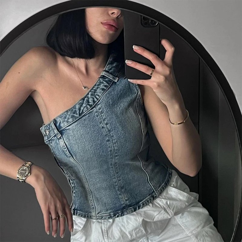 Syiwidii Top Women Asymmetrical Diagonal Collar One Shoulder Suspender Denim Y2k Top American Retro Spice Girl Streetwear Tops