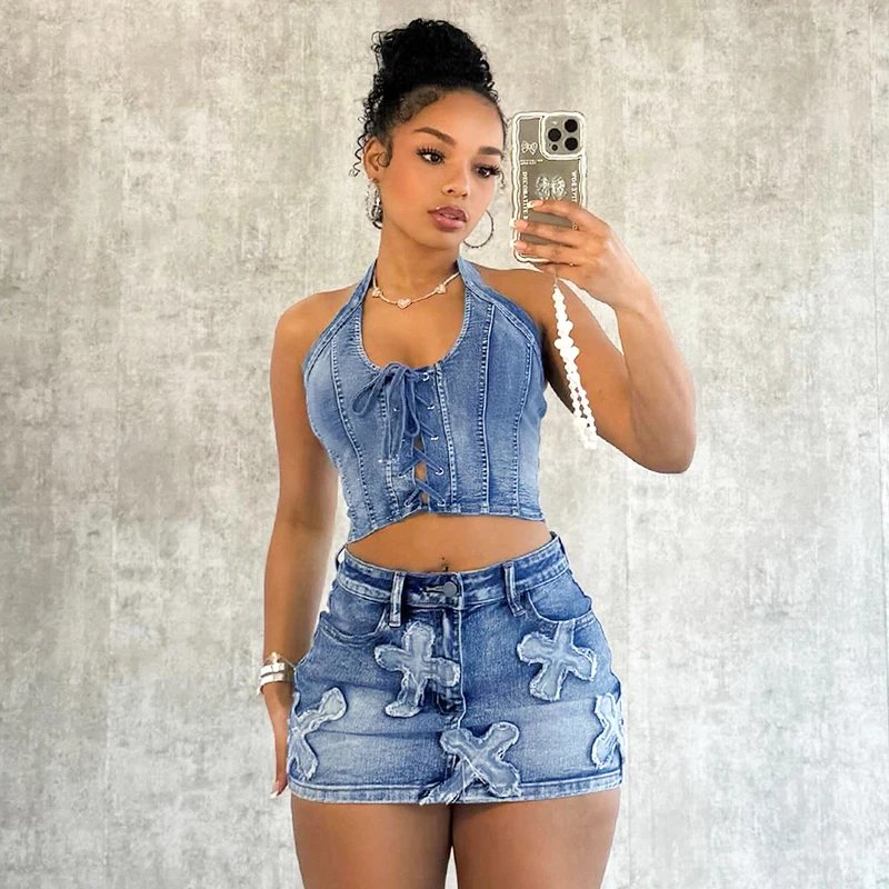 CUTENOVA 2024 Summer Denim Enbroidery Women Set Sleeveless Sexy Bandage Hollow Backless Tops And Bodycon Mini Skirts Two 2 Piece