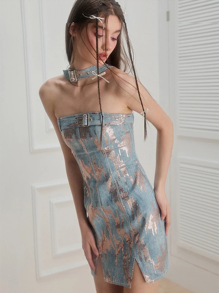 CHEERART Sequin Denim Dresses Women 2023 Summer Bodycon Jean Mini Halter Tube Dress Designer Night Club Outfit