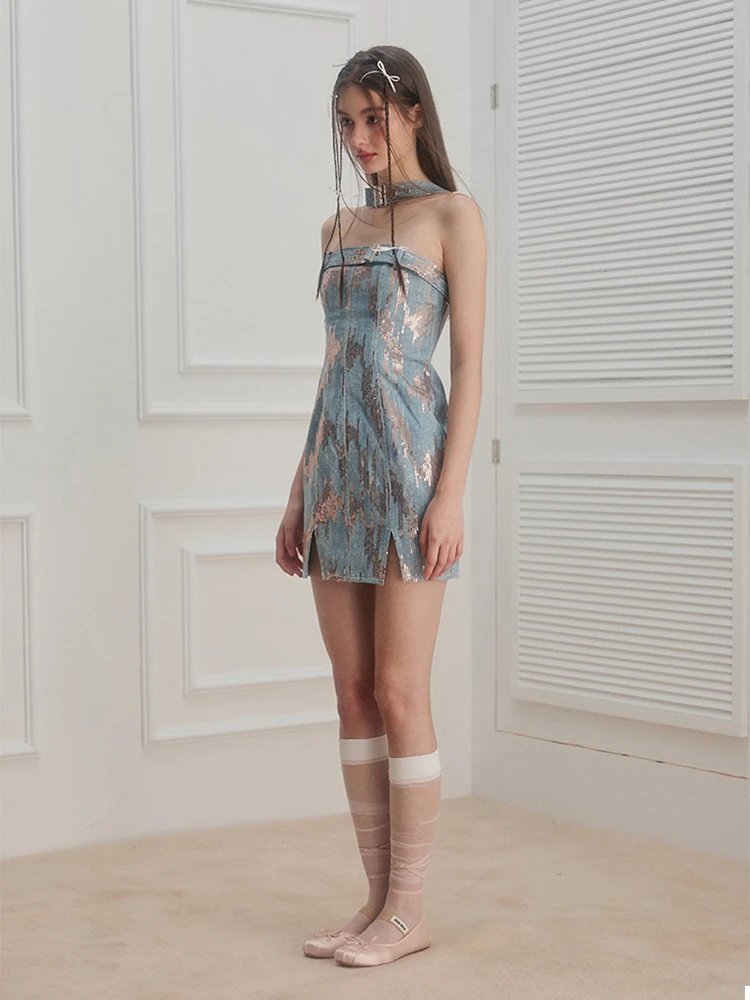 CHEERART Sequin Denim Dresses Women 2023 Summer Bodycon Jean Mini Halter Tube Dress Designer Night Club Outfit