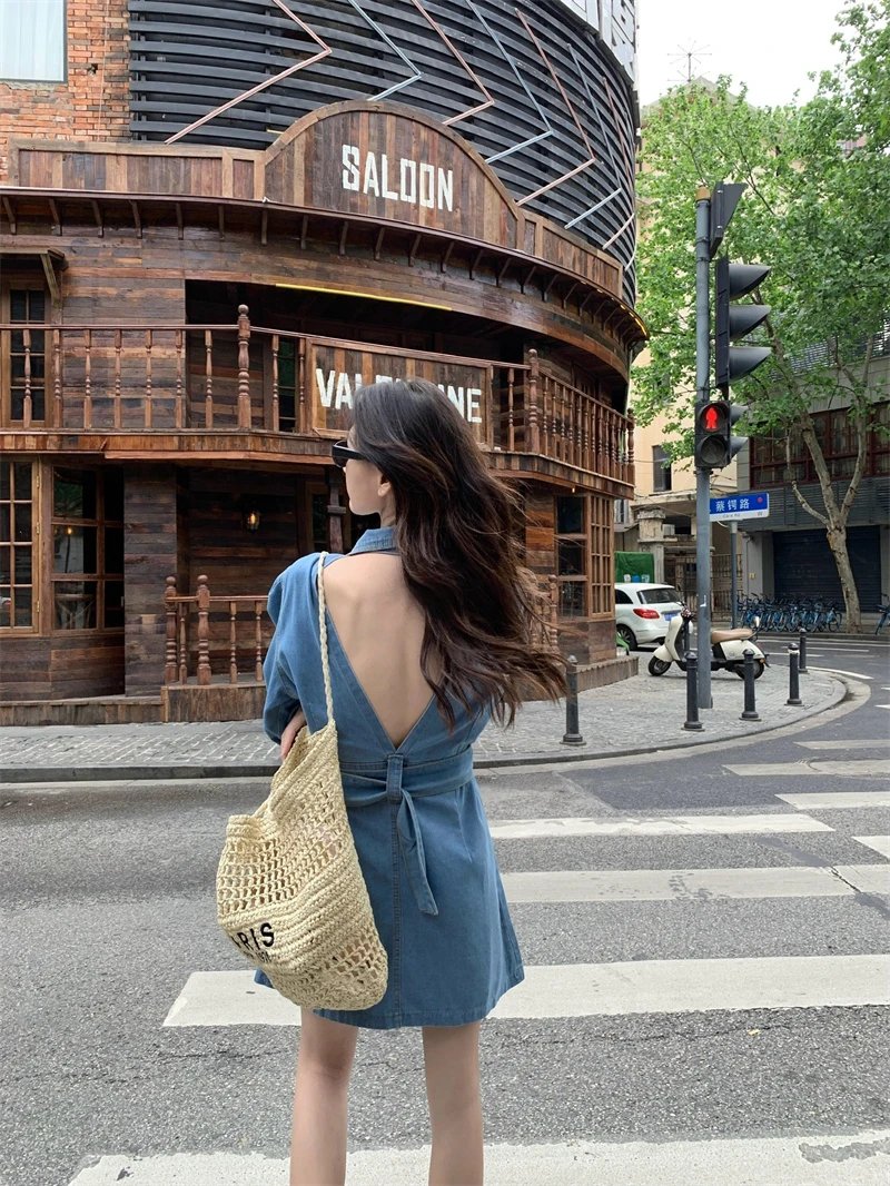 Women Summer Short Sleeve Jeans Dress Spice Girl V-Neck Double-Breasted Sashes Slimming Denim A-line Dresses