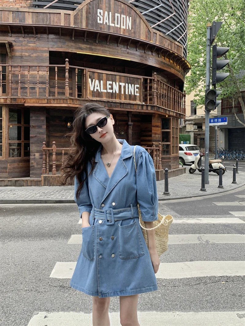 Women Summer Short Sleeve Jeans Dress Spice Girl V-Neck Double-Breasted Sashes Slimming Denim A-line Dresses