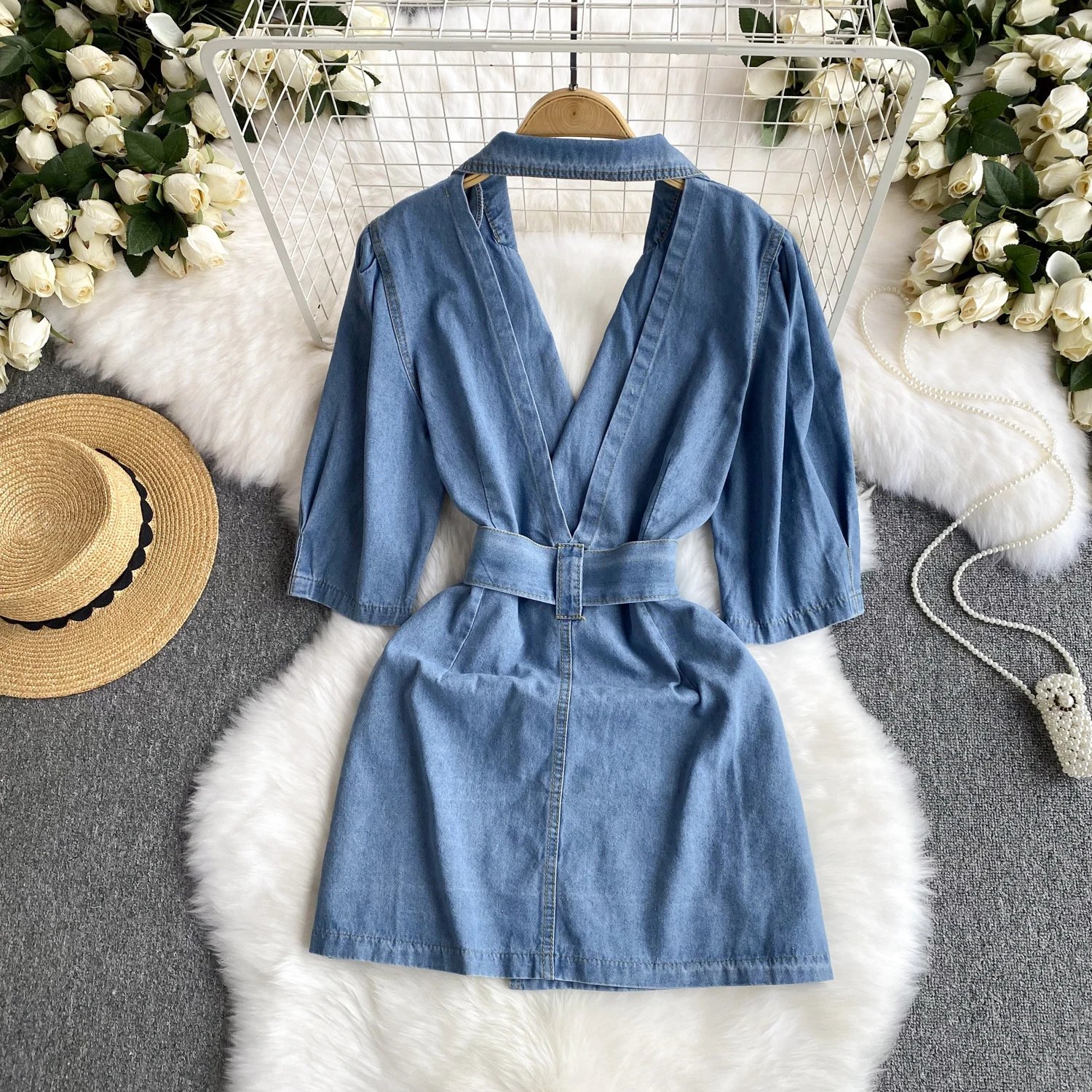 Women Summer Short Sleeve Jeans Dress Spice Girl V-Neck Double-Breasted Sashes Slimming Denim A-line Dresses