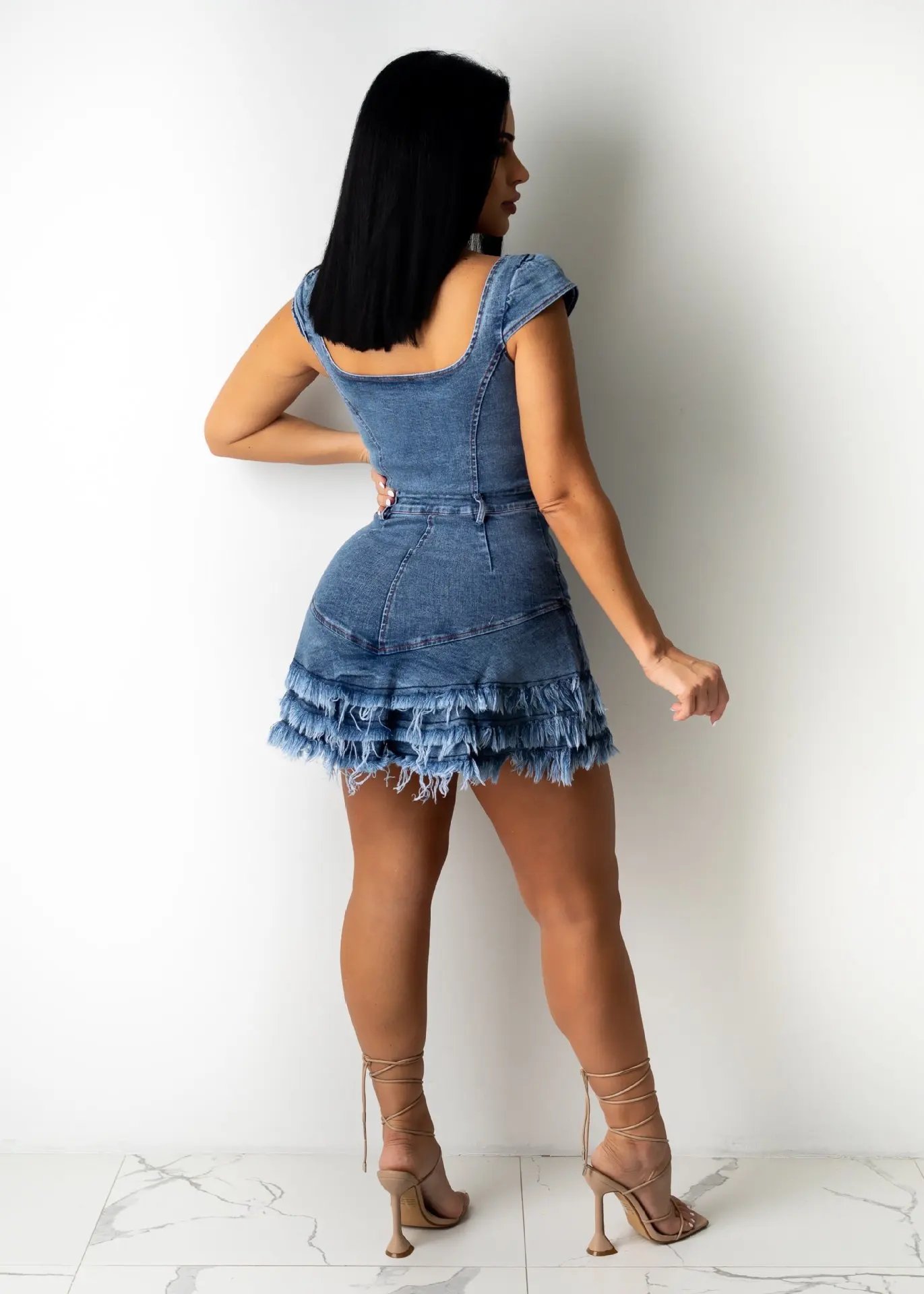 2023 Women Sexy Short Sleeve Dress Slim Fit Tassel Package Hip Pocket Button Denim Dresses Sheath Backless Tight High Waist