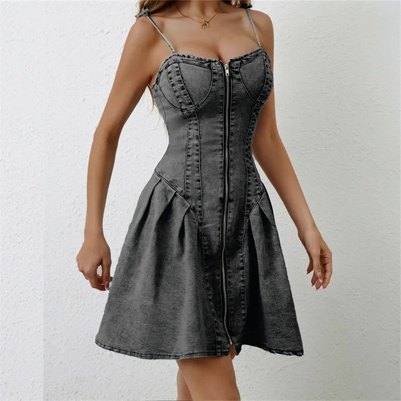 Women New Zipper Cardigan Denim Dresses Fashion Slim Sleeveless Backless Pleated Dress Summer Female Adjustable Suspenders Gown