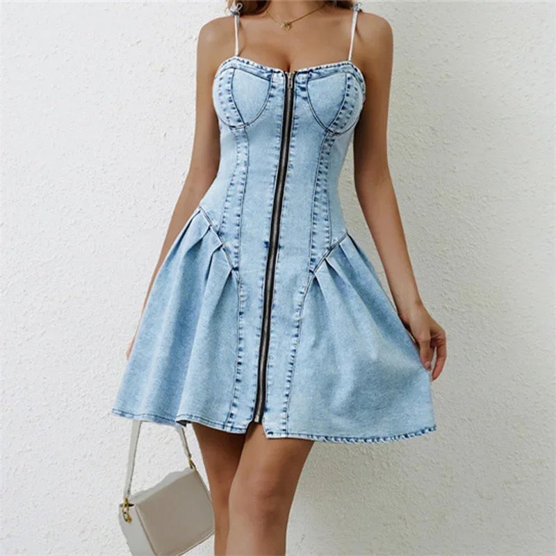 Women New Zipper Cardigan Denim Dresses Fashion Slim Sleeveless Backless Pleated Dress Summer Female Adjustable Suspenders Gown